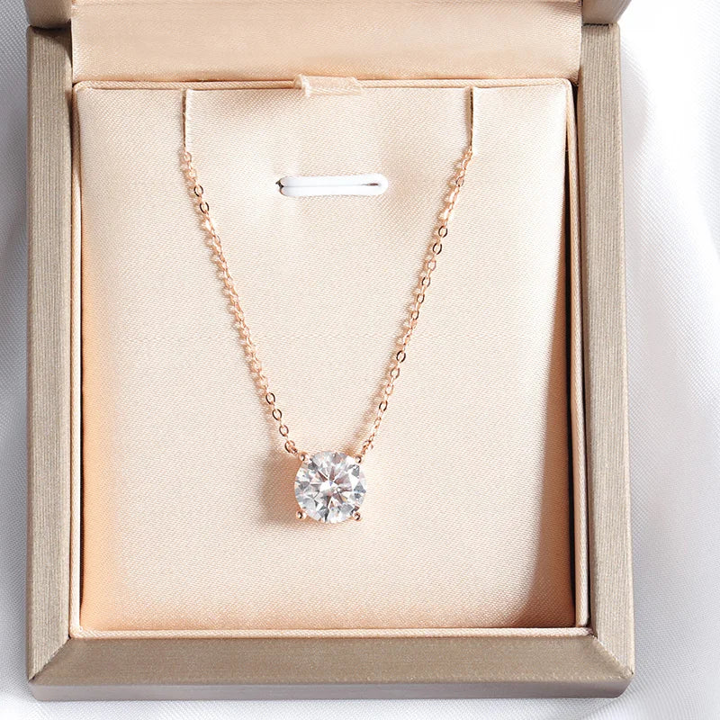 “Rose gold moissanite necklace, sparkling D color, 925 sterling silver pendant.”