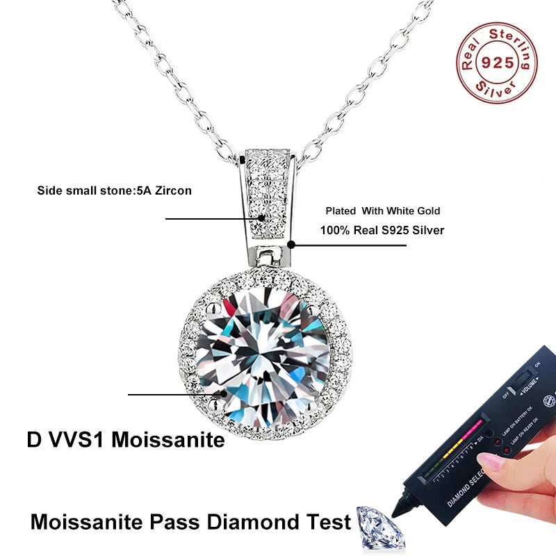 “2-carat moissanite necklace, sterling silver, white gold plated, elegant wedding jewelry.”