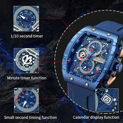 “Men’s multifunctional watch with quartz movement, blue dial, silicone strap, casual fashion.”