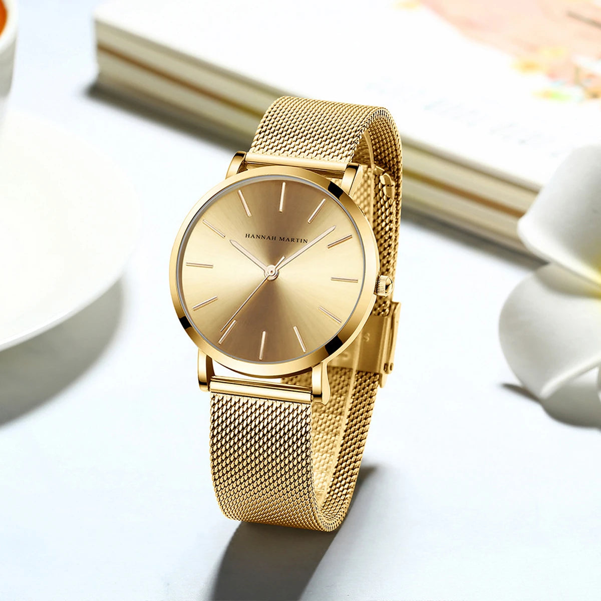 “Rose gold women’s bracelet watch, stainless steel mesh, simple, Japanese quartz.”