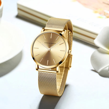 “Rose gold women’s bracelet watch, stainless steel mesh, simple, Japanese quartz.”