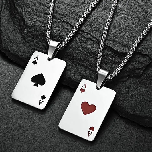 “2Piece Hip Hop Stainless Steel Poker Card Ace of Spades Necklace - Unisex Jewelry.”