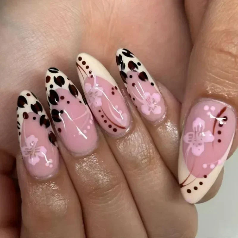 “24Pcs Matte Almond Press-On Nails – Autumn Winter Rose Leaf Design, Full Cover with Glue”