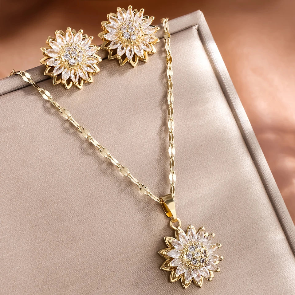 “Trendy Spin Sunflower Stainless Steel Zircon Necklace for Women, Elegant Party Gift.”