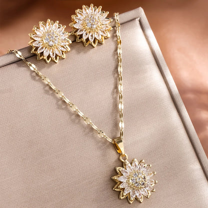 “Trendy Spin Sunflower Stainless Steel Zircon Necklace for Women, Elegant Party Gift.”