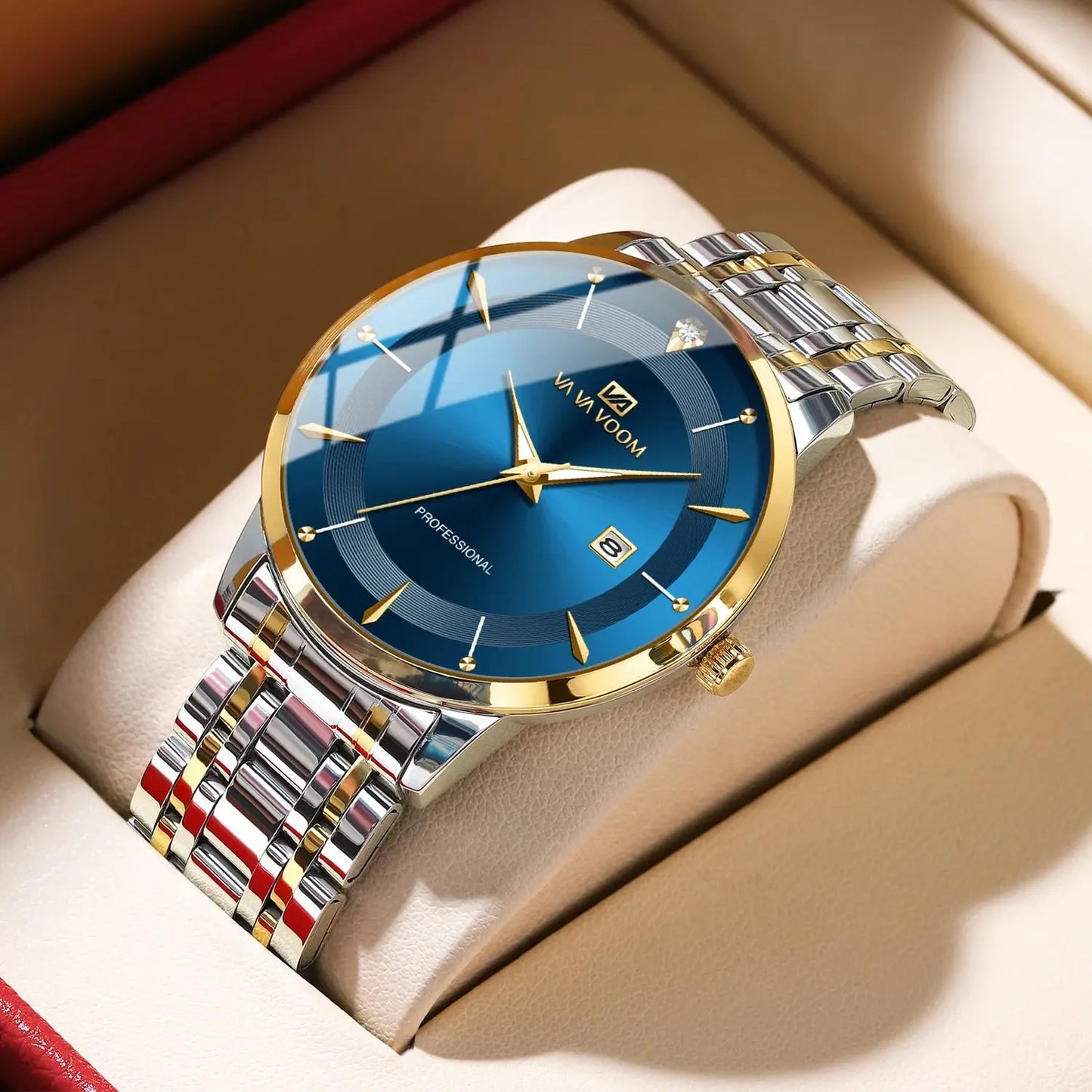 “Men’s Stainless Steel Luxury Watch, Blue-Gold Quartz, Business Style, 43mm.”