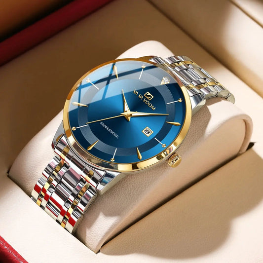 “Men’s Stainless Steel Luxury Watch, Blue-Gold Quartz, Business Style, 43mm.”