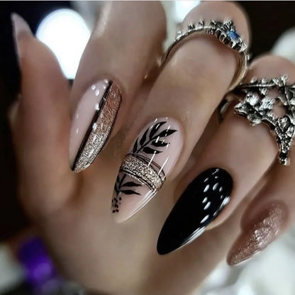 “24Pcs Matte Almond Press-On Nails – Autumn Winter Rose Leaf Design, Full Cover with Glue”