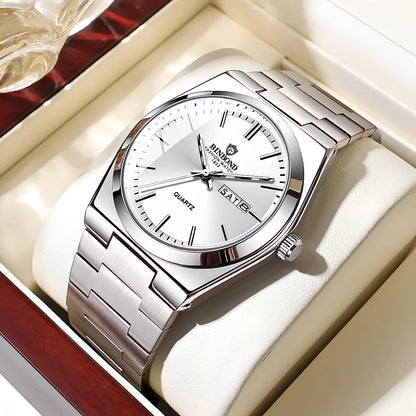 “Luxury stainless steel men’s watch, waterproof, double calendar, quartz movement.”