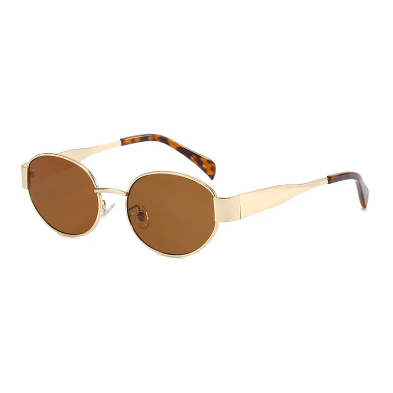 “Retro oval sunglasses, luxury metal frame, classic unisex design for driving.”