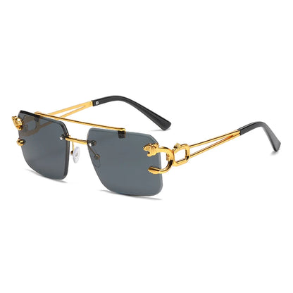 “Rimless square sunglasses with double bridge, vintage unisex fashion style.”