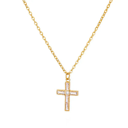“Zircon Cross Pendant Necklace for Women - Gold Stainless Steel Jewelry.”