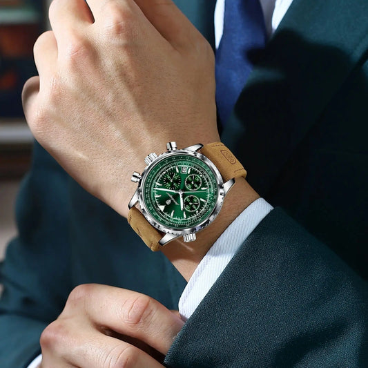 “Luxury waterproof quartz men’s watch with luminous date chronograph.”