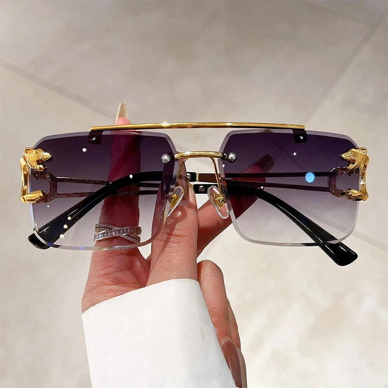 “Retro frameless unisex sunglasses, nickel double-layer design, UV400 protection.”