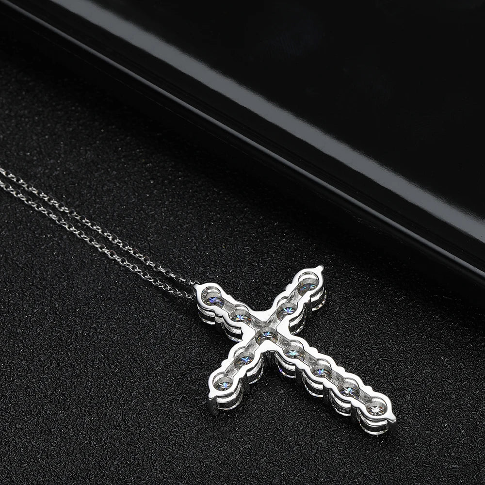 “Moissanite cross pendant necklace, 925 sterling silver, 18k white gold plated.”