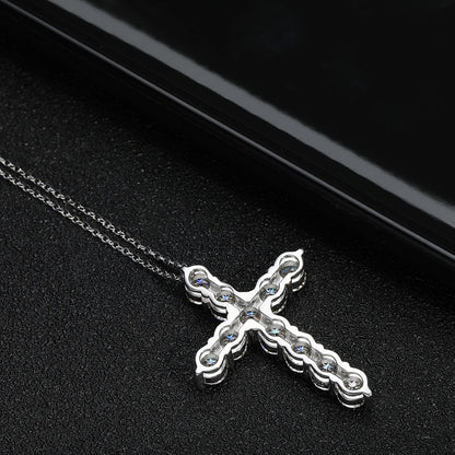 “Moissanite cross pendant necklace, 925 sterling silver, 18k white gold plated.”