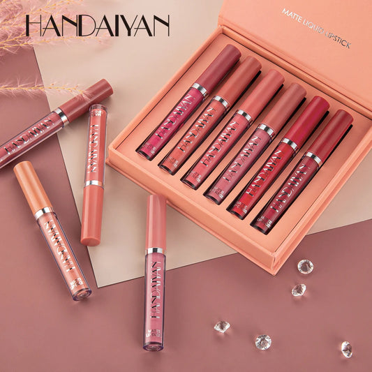“Set of 6 long-lasting, non-stick, fade-resistant matte lipsticks.”