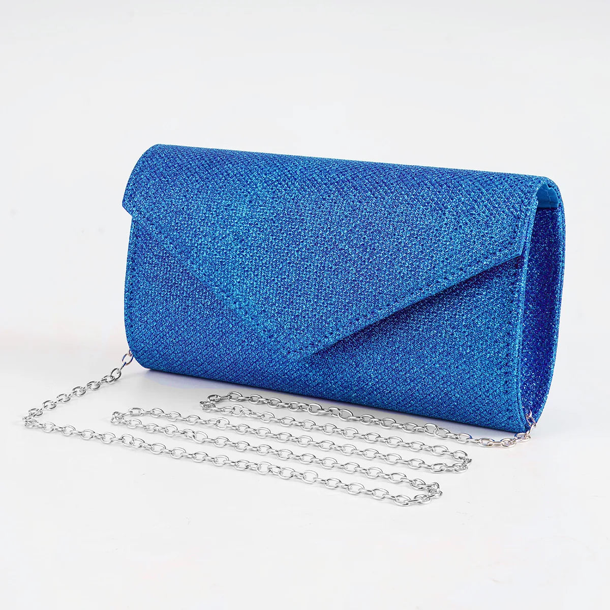 “Glitter Evening Bag for Women, Shiny Silver Party Clutch with Chain Strap.”