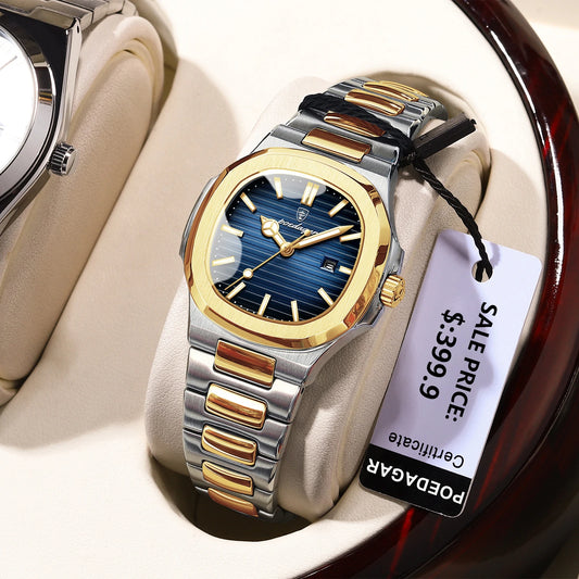 “Luxury waterproof square women’s watch with luminous date, stainless steel, quartz movement.”